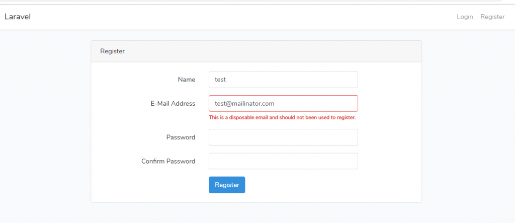 Example outcome if user entered disposable email address during registration.