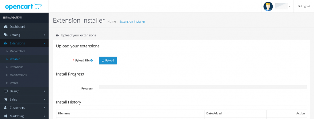 Login to your Opencart admin dashboard to upload MailboxValidator extension zipped file.
