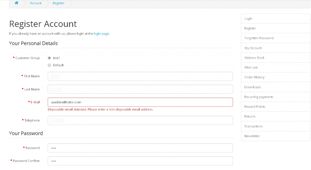 Example output of entering disposable email address in the form after MailboxValidator extension is enabled and configured