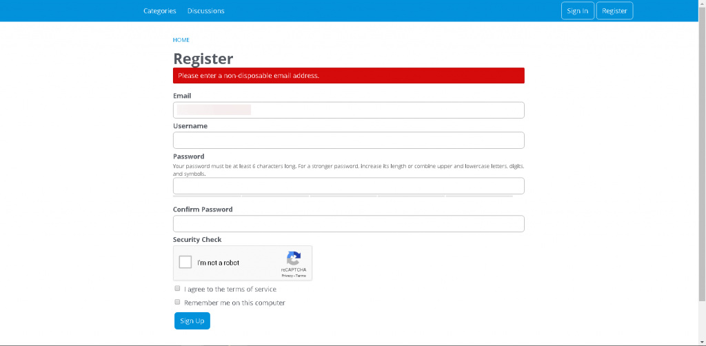 Example outcome if user entered disposable email address during registration.