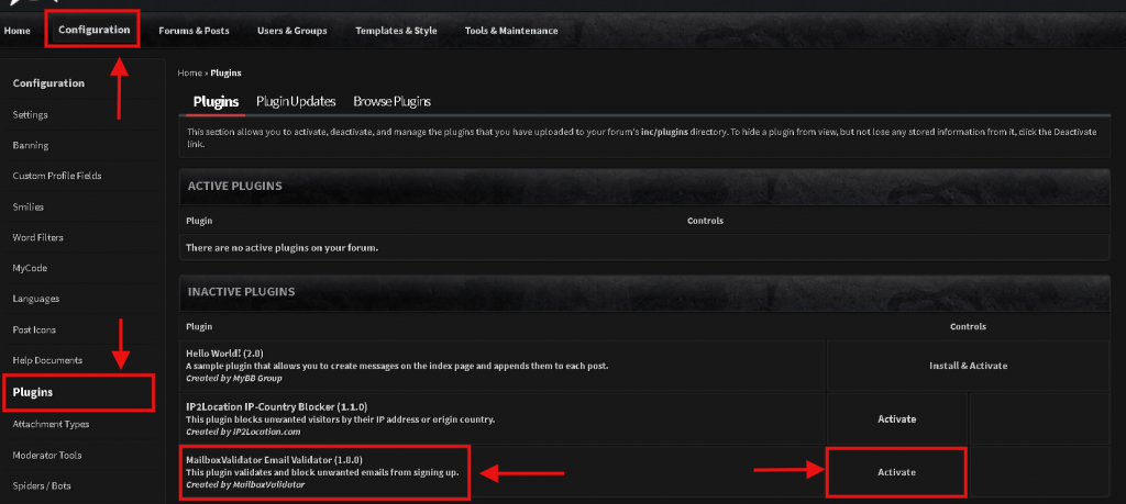 Activate MailboxValidator Email Validator plugin in MyBB admin dashboard