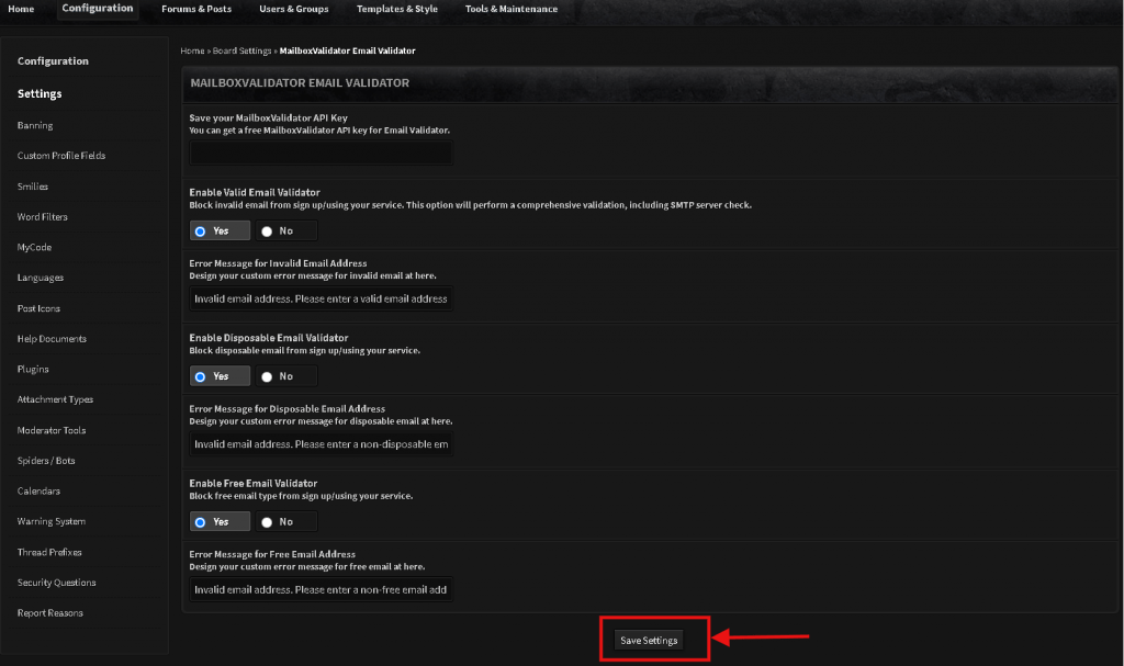 Configure the settings for MailboxValidator Email Validator plugin