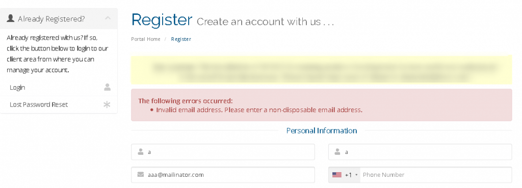 Example output of entering disposable email address