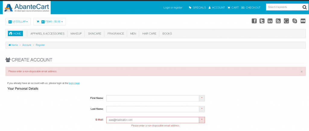 Example output if a disposable email is detected