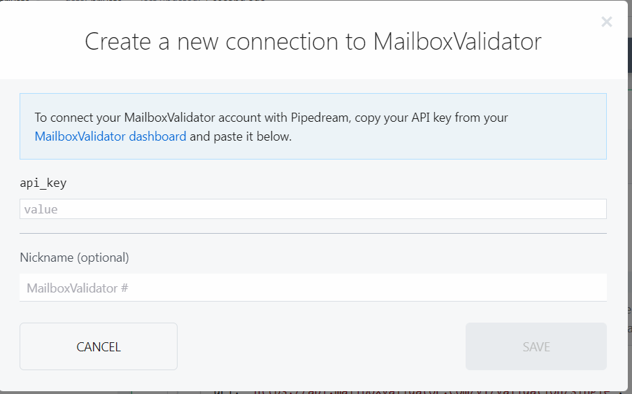 Screenshot of entering MailboxValidator API key in the connection setting.