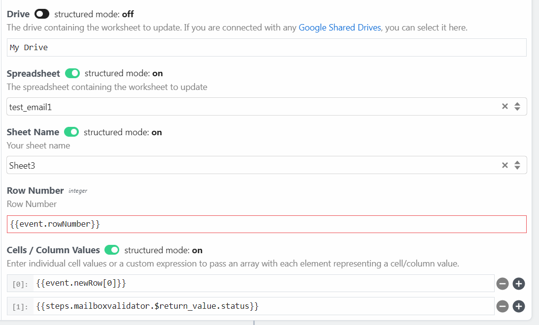 Screenshot of setting Spreadsheet and worksheet ID, row number and cell values