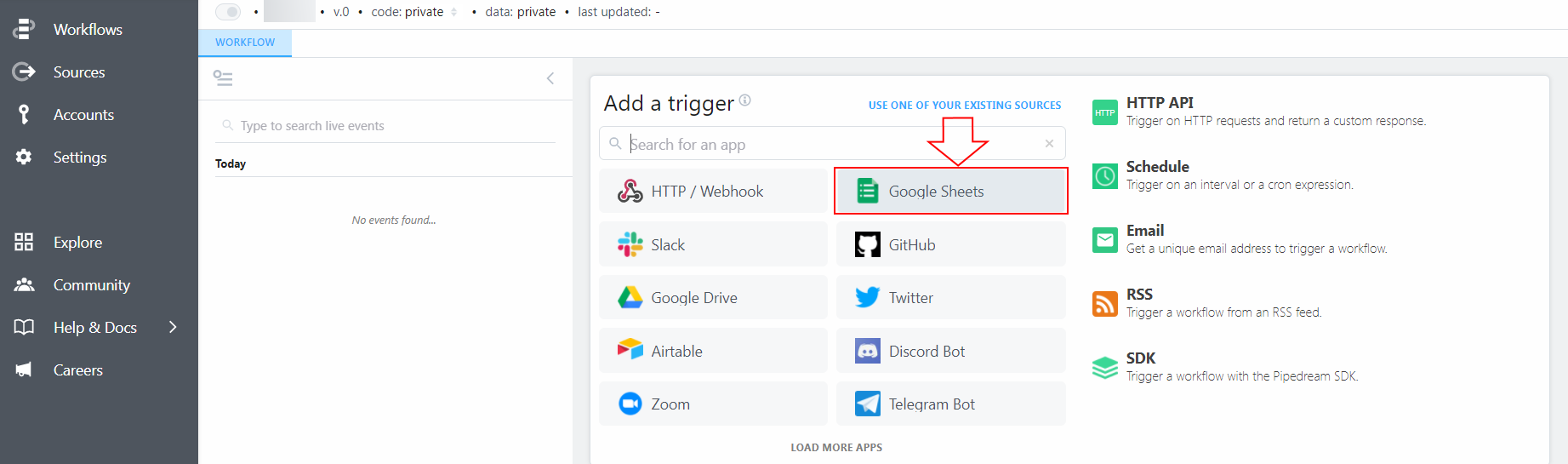 Screenshot of selecting Google Sheets as the source of email addresses