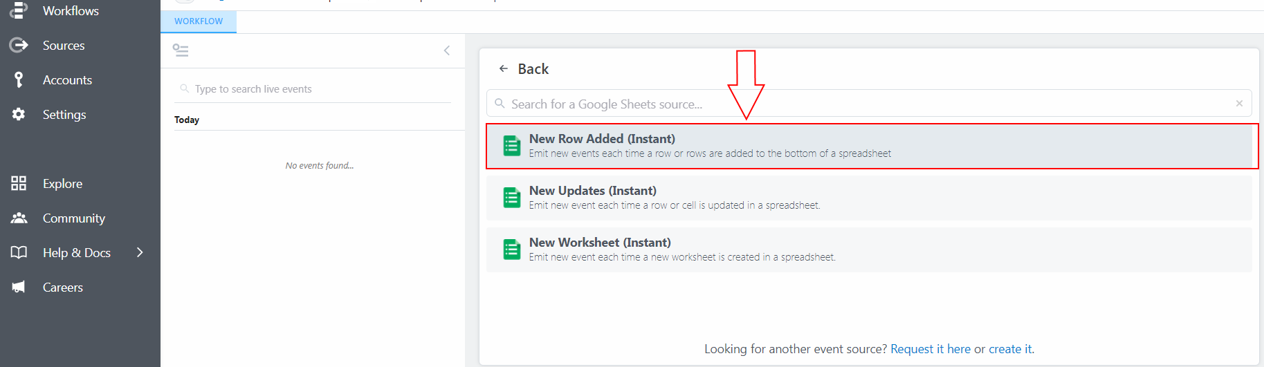 Screenshot of select "New Row Added (Instant)" in the next step