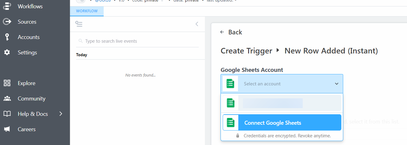Screenshot of choosing a Google Sheets account to connect on.