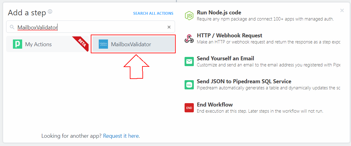 Screenshot of search and choose MailboxValidator.