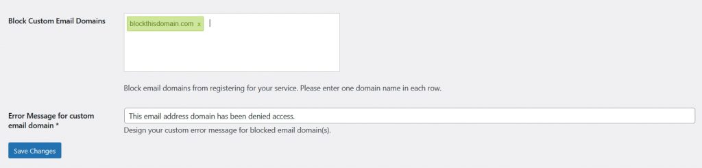 This screenshot shows how to setup for blocking email domain.