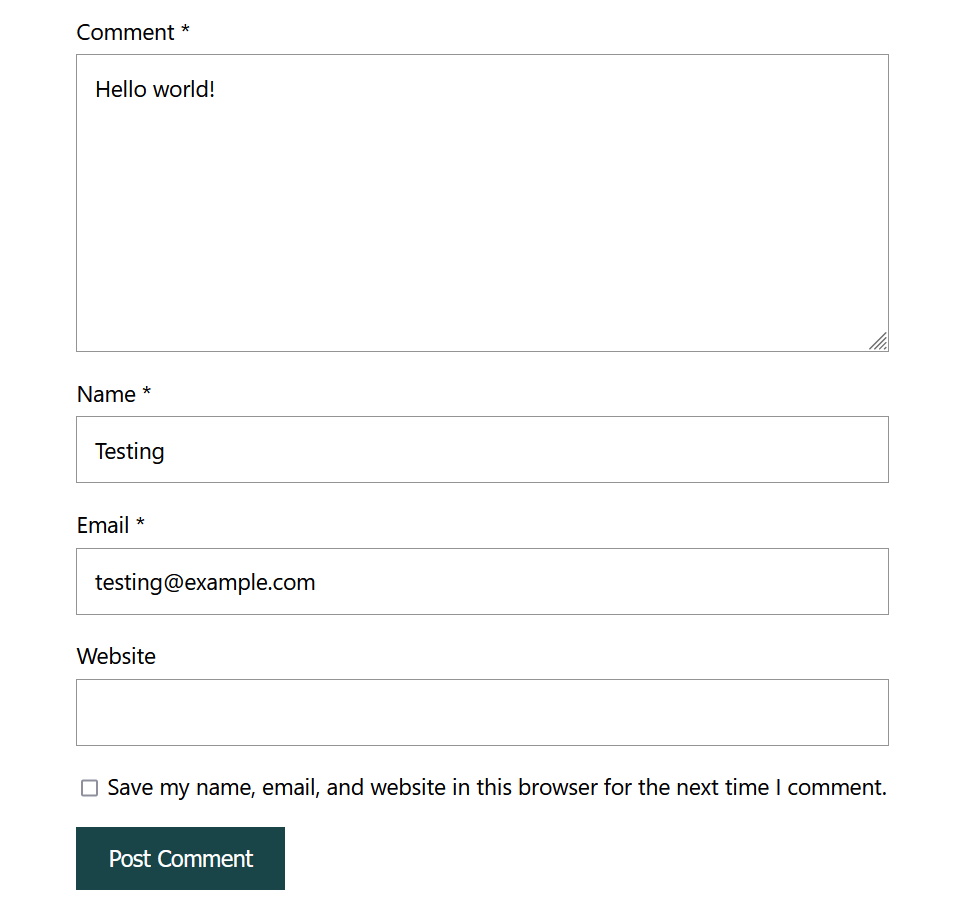 Example of entering invalid email address in comment form.