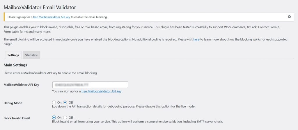 Screenshot of the MailboxValidator Email Validator WordPress plugin settings page.