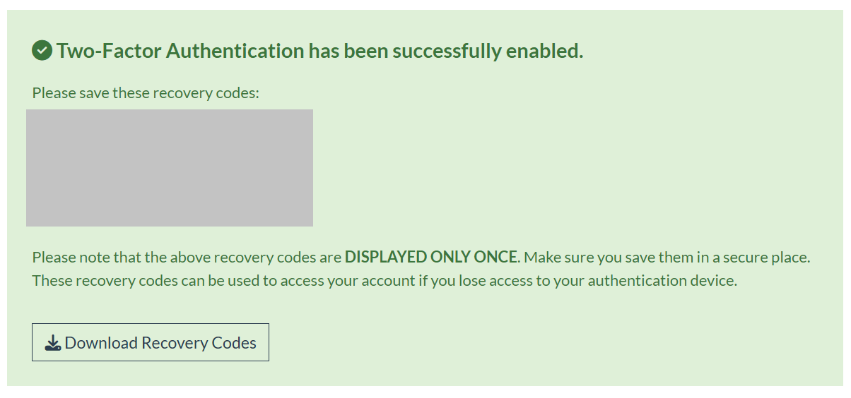 Two-Factor Authentication Recovery Codes